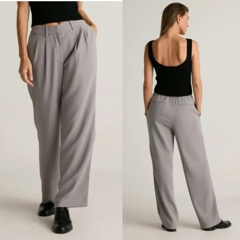 Quince Stretch Crepe Pleated Wide Leg Pants Coastal Grey NWT Size 12